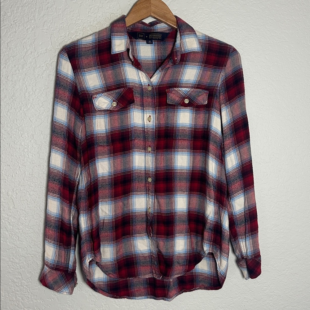 GAP x Pendleton Red White Plaid Boyfriend Flannel Shirt Western Flap Pockets